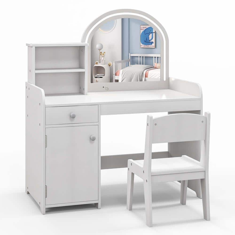 2-Piece Wood Top Kid Vanity Table Chair Set 2-Color LED Lights Large Drawer Shelf Cabinet White