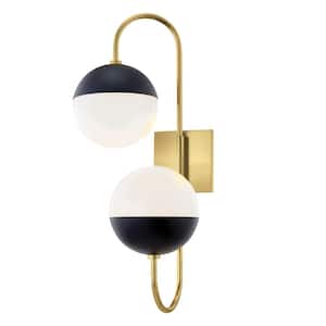 Renee 2-Light Aged Brass/Black Wall Sconce with Opal Glossy Shade