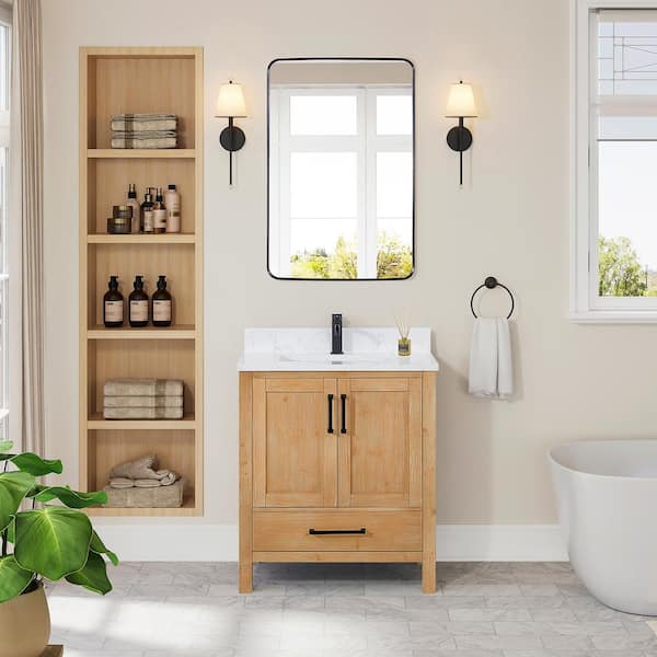 ROSWELL Shannon 30 in. W x 22 in. D x 33.9 in. H Single Bath Vanity in Fir Wood Brown with White Composite Stone Top