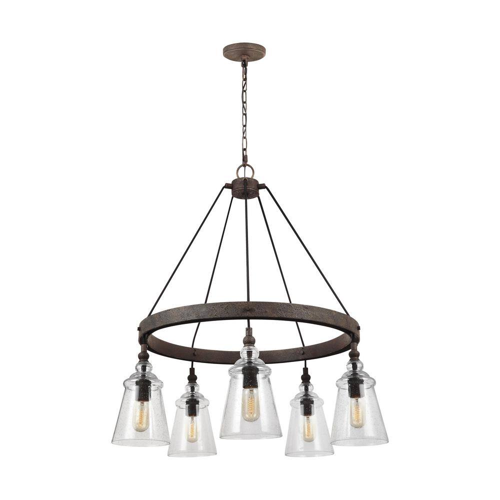 Transitional 5-Light Dark Weathered Iron Chandelier with Clear Seeded Glass