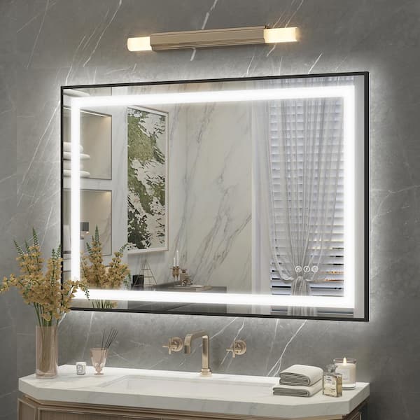 KIOTEE 40 in. W x 30 in. H Rectangular Framed Front and Back LED Lighted Anti-Fog Wall Bathroom Vanity Mirror in Tempered Glass