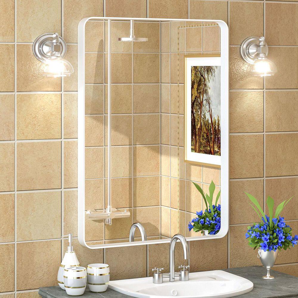 22 in. W x 30 in. H Rectangular Aluminum Alloy Frame with Inner Deep Design and Tempered Glass Wall Mirror in White price history on PriceWatchPro