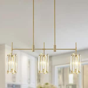 Charlene 35.4 in. 3-Light Brushed Gold Linear Chandelier with Drum Crystal Shades Kitchen Island Pendant Light