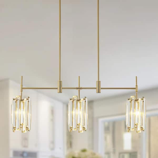 Rennnsan Charlene 35.4 in. 3-Light Brushed Gold Linear Chandelier with Drum Crystal Shades Kitchen Island Pendant Light