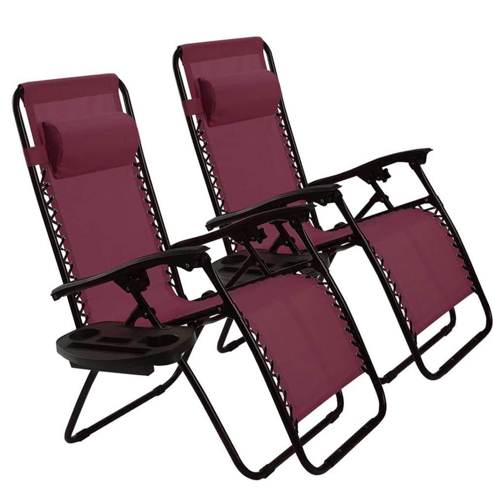 Wine Folding Zero Gravity Metal Outdoor Lounge Chair(2-Pack)