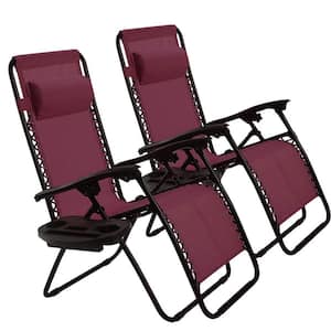 Black Folding Zero Gravity Chairs Metal Outdoor Lounge Chair in Wine Seat with Headrest (2-Pack)