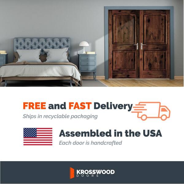 56 in. x 80 in. Rustic 2-Panel Arch Top Universal Weathered Gray Stain Knotty Alder Wood Double Prehung Interior Door