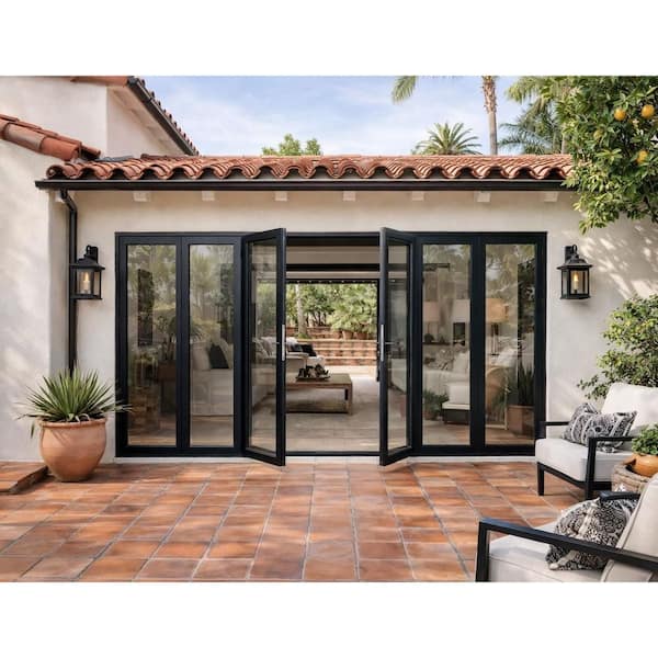 Eris 192 in. x 80 in. Center Opening/Outswing Double Tempered Glass Black Aluminum Folding Patio Door