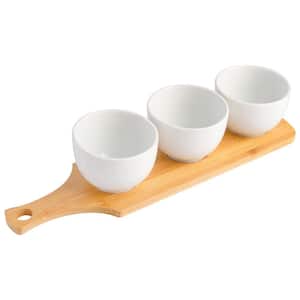 Gracious Dining 3-Piece 5.2 in. White Fine Ceramic Tidbit Bowl Platter Set with Bamboo Serving Tray