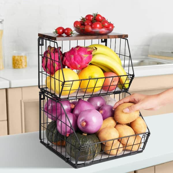 2 Tier Stackable Wall Mounted Hanging Fruit Basket for Kitchen Counter, Onion Storage, Fruit and Vegetable Storage