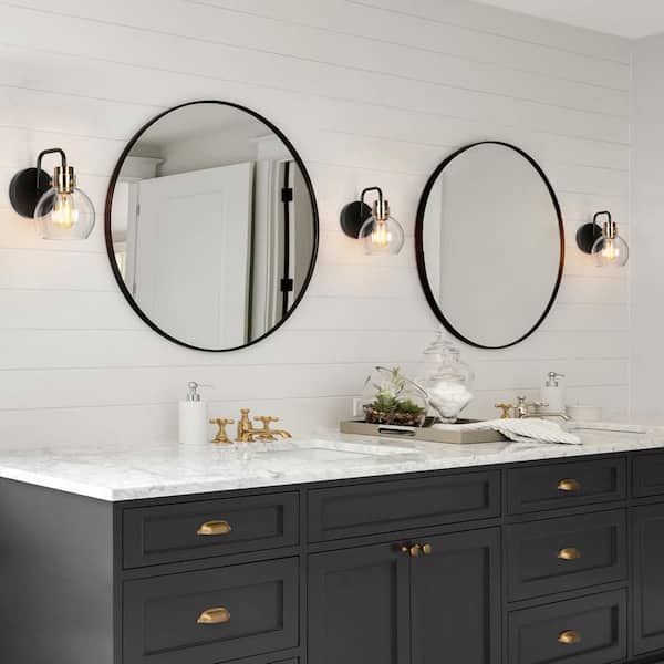 1-Light Industrial Black Wall Sconce, Modern Bedroom Brass Wall Light, DIY Globe Clear Glass Bathroom Vanity Light