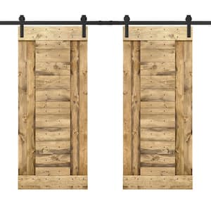 48 in. x 84 in. Weather Oak Stained DIY Knotty Pine Wood Interior Double Sliding Barn Door with Hardware Kit
