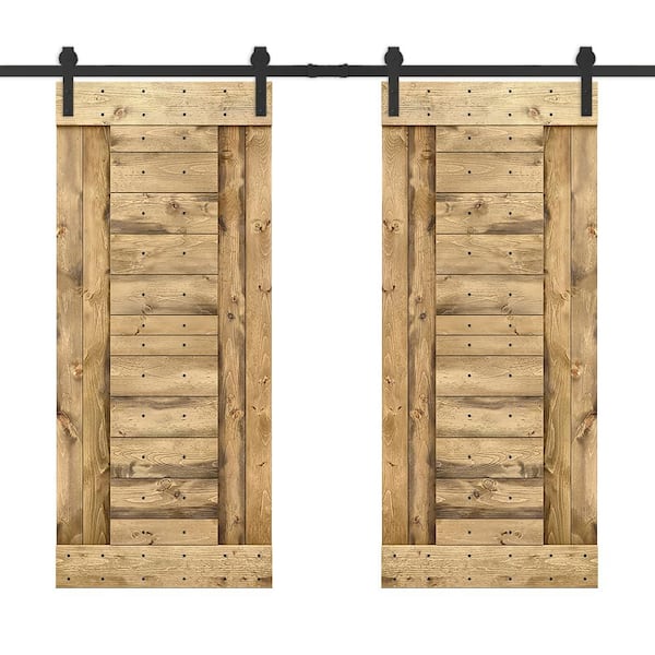 CALHOME 48 in. x 84 in. Weather Oak Stained DIY Knotty Pine Wood Interior Double Sliding Barn Door with Hardware Kit