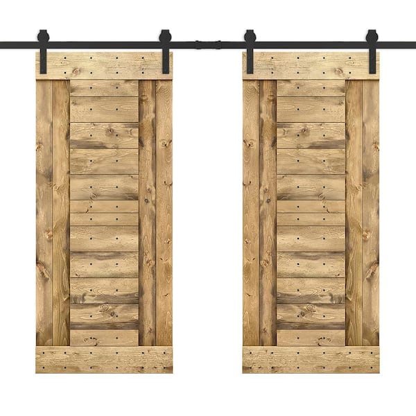 CALHOME 72 in. x 84 in. Weather Oak Stained DIY Knotty Pine Wood Interior Double Sliding Barn Door with Hardware Kit