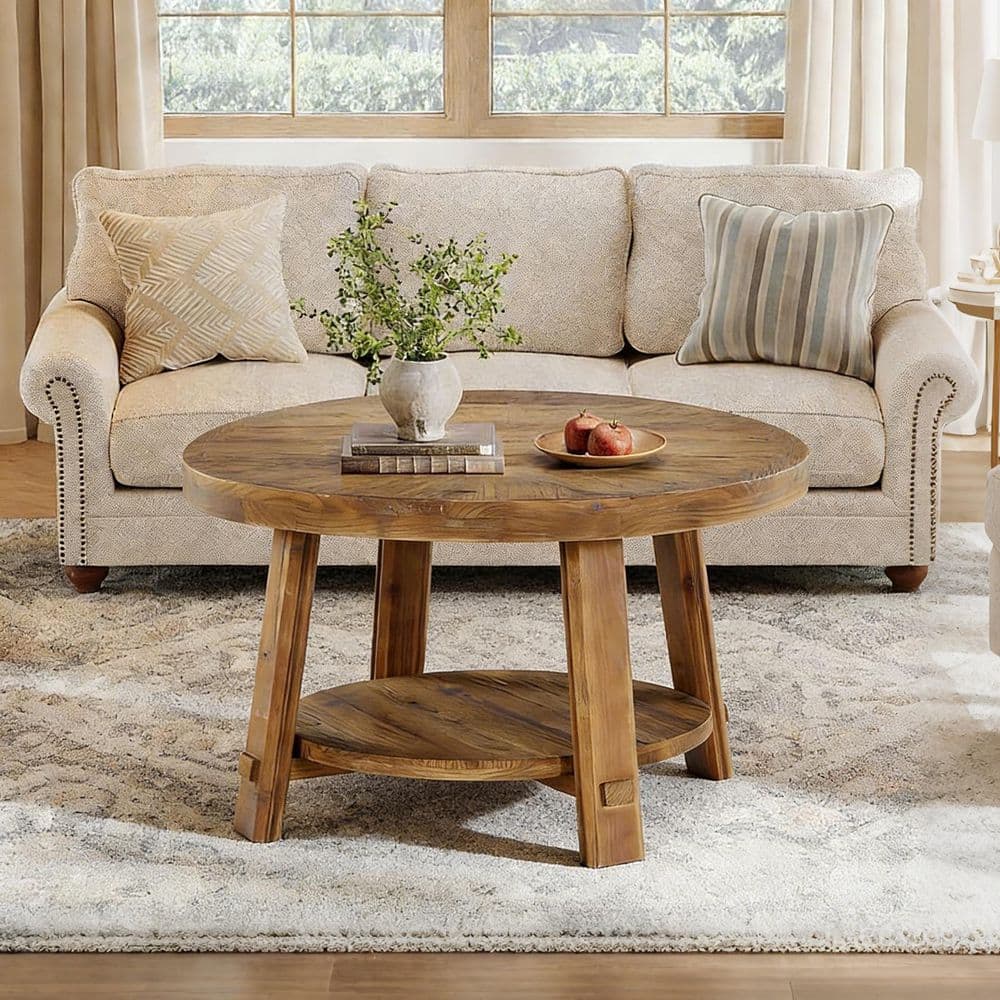 Calvin 31.5 in. Brown Round Solid Wood Coffee Table Center Farmhouse Cocktail Tea Desk Mid-Century Bedroom 2 Shleves price history on PriceWatchPro