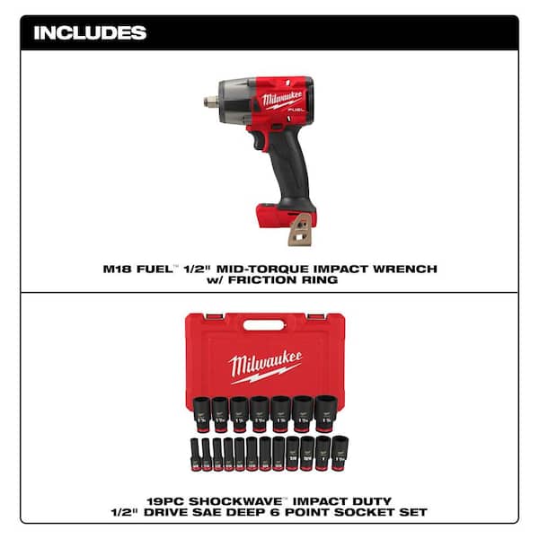 M18 FUEL Gen-2 18V Li-Ion Brushless Cordless Mid Torque 1/2 in. Impact Wrench w/Friction Ring & SAE Socket Set (19-Pc)