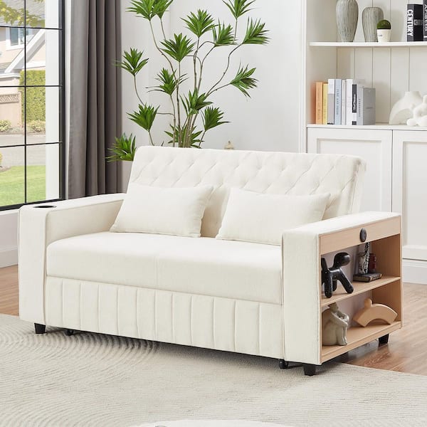 aisword Beige 61.4 in. Pull-out Sofa Bed Convertible Couch Loveseat Sofa Modern Sleeper Sofa with Adjustable Backrest