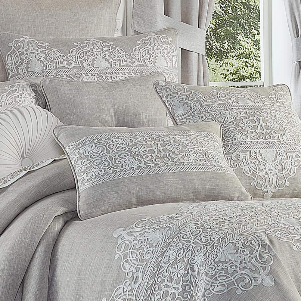 Beige Embroidered Faux Linen Rectangular Throw Pillow