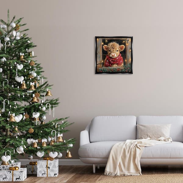 Calf with Holly & Lights Garland by Riley B Black Floater Frame Animal Graphic Art Print 25 in. x 25 in.