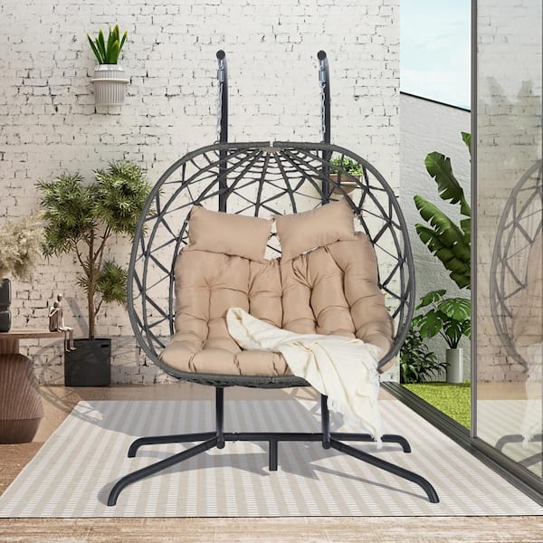 Unbranded 2-Person Outdoor Gray Metal Wicker Porch Swing Egg Chair with Stand and Kihaki Cushion