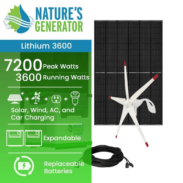 Lithium 3600-Watt Continuous/7200 Peak Push Button Start Solar & Wind Generator with 2 410-Watt Panels and Wind Turbine
