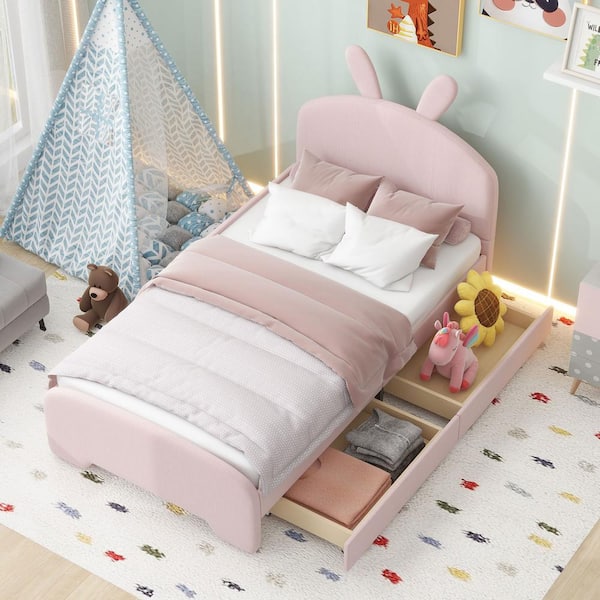 Harper & Bright Designs Pink Wood Twin Size Chenille Upholstered Platform Bed with Cartoon Ears Shaped Headboard, 2-Drawer, One Side Bedrail