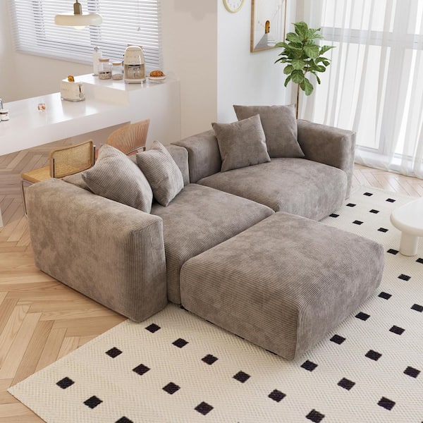 102.3 in. Wide Square Arm Corduroy Oversized Modular Sofa with Ottoman, 31.5 in. Deep Seats for Lounging in Brown