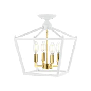 Plains Mini Lantern 12 in. 4-Light Iron Modern Farmhouse LED Flush Mount, White/Brass Gold