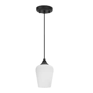 1-Light Matt Black Shaded Pendant Light with Satin Etched Cased Opal Glass Shade