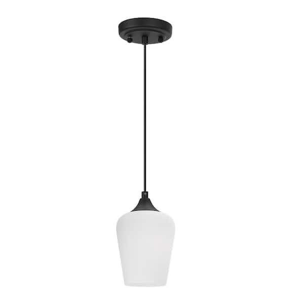 VIVOHOME 1-Light Matt Black Shaded Pendant Light with Satin Etched Cased Opal Glass Shade