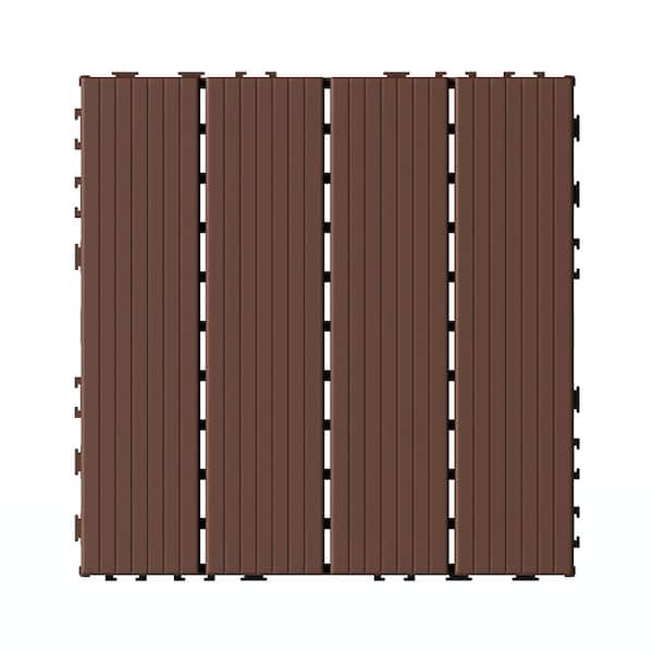12 in. x 12 in. Plastic Interlocking Deck Tiles, 4-slat Outdoor Flooring Tile in Brown(44-Pack)