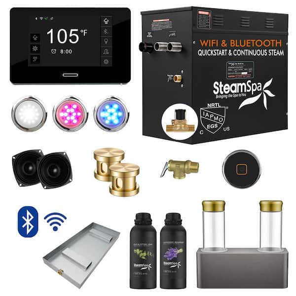 SteamSpa Black Series 12kW Steam Bath Generator with Wireless Control Bluetooth/Wifi Operation and Auto Drain in Gold