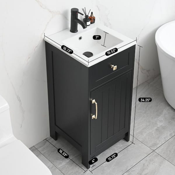 16 in. W Single Integral Sink Freestanding Bath Vanity in Black with White Ceramic Top