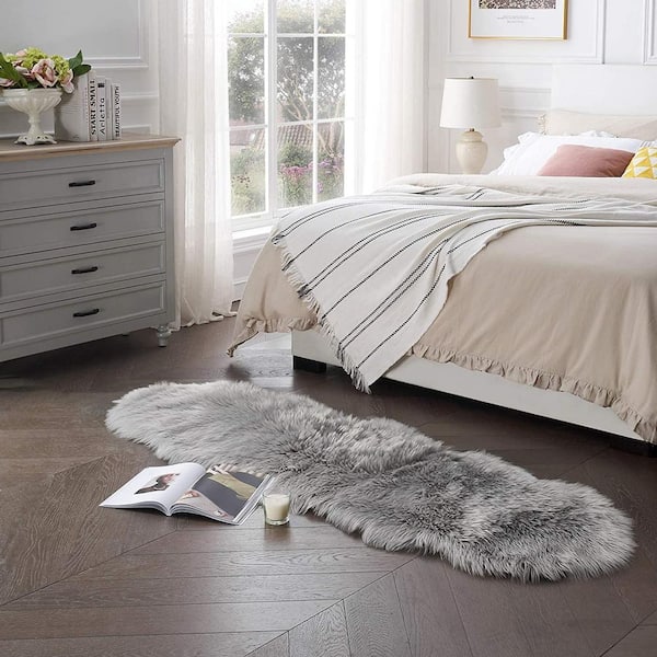 Light Gray 2 ft. x 6 ft. Sheepskin Faux Fur Furry Cozy Area Rug