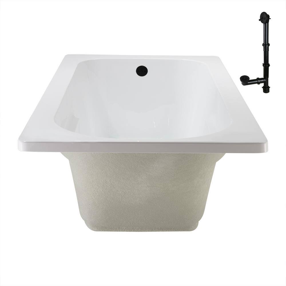 72" x 36" Glossy White Acrylic Drop-In Soaking Bathtub with Matte Black Hardware