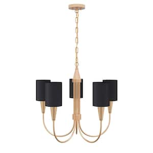 Modern 24.4 in. 5-Light Black Chandelier Farmhouse Linear Island Hanging Light with Fabric Shade