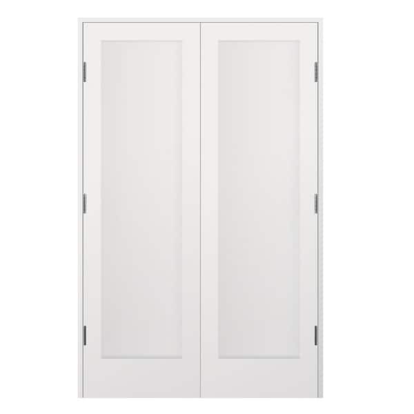 48 in. x 80 in. Bi-Parting Solid Core Wood Primed Composite Prehung French Door Catch Ball Frosted Glass Shiny Nickel