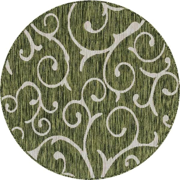 Unique Loom Outdoor Curl Green 4 ft. x 4 ft. Round Area Rug