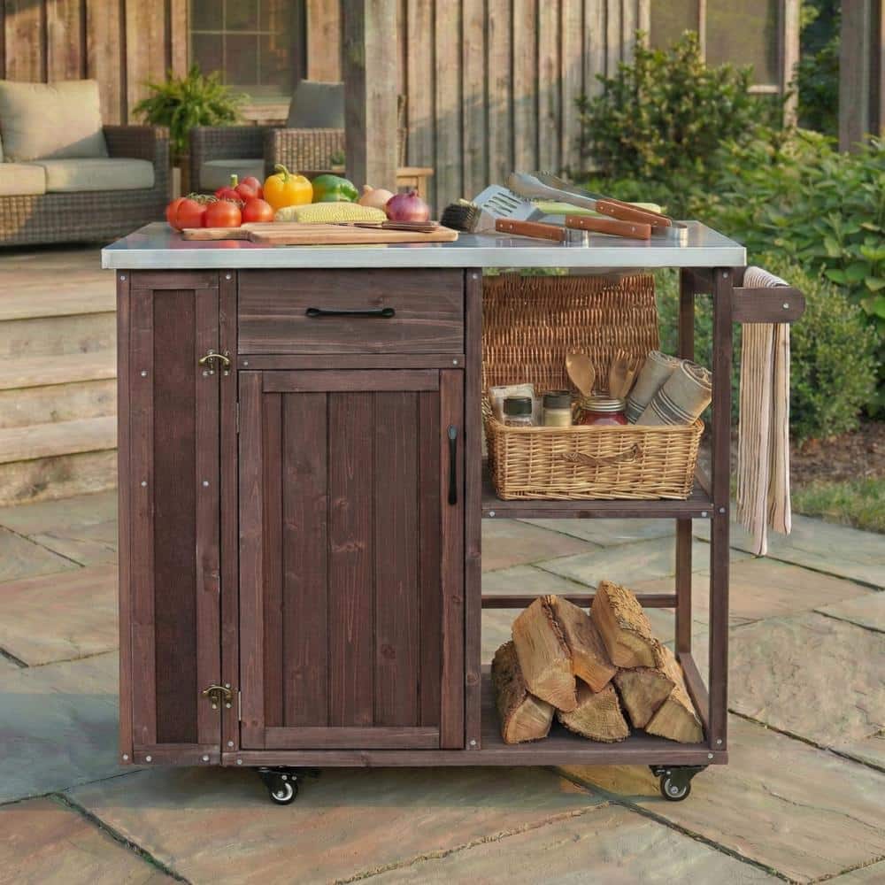 40.5 in. Outdoor Kitchen Island Fir Wood Prep Station Lockable Grill Cart Stainless Top Storage Towel Spice Racks Brown price history on PriceWatchPro