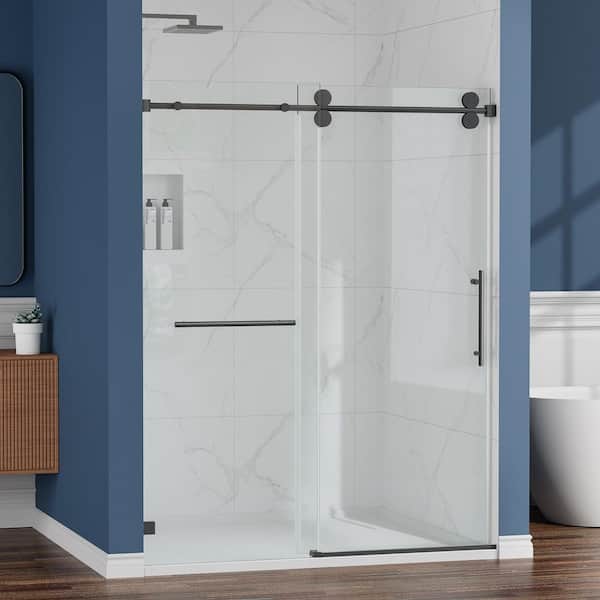 68-72 in. W x 76 in. H Single Sliding Frameless Shower Door Matte Black 3/8 in. Clear Glass with Towel Bar