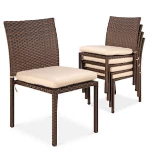 Stackable Wicker Outdoor Dining Chair with Cream White Cushions (4-Pack)