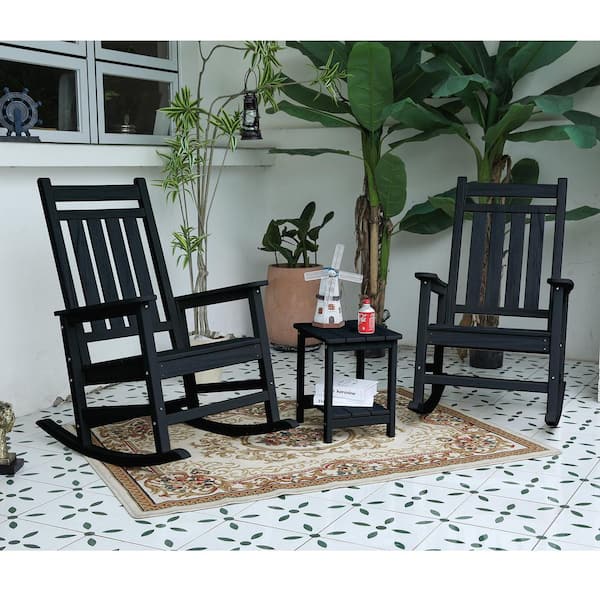 3-Piece Plastic Outdoor Serving Bar Set with Side Table, All Weather Porch Rockers for Backyard, Balcony, Deck, Black
