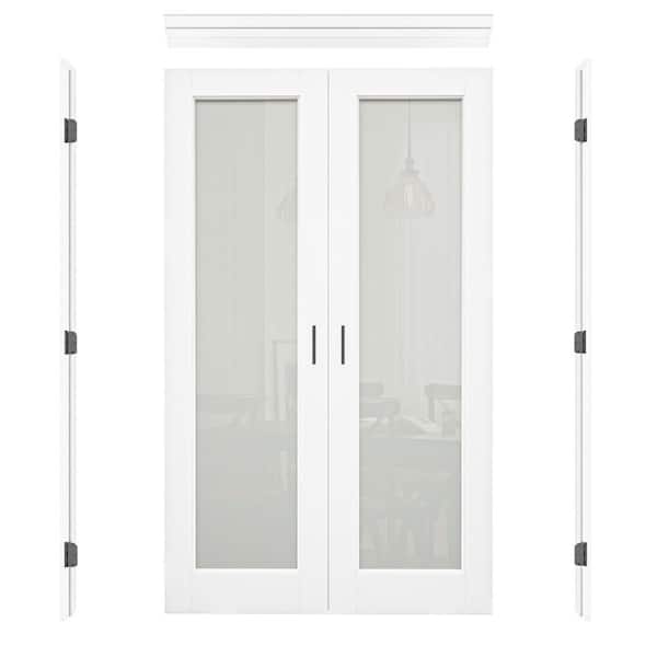 48 in. x 80 in. 1-Lite Frosted Glass Universal White Solid Core Wood Double Prehung French Door+Separate Jamb&Ball Catch
