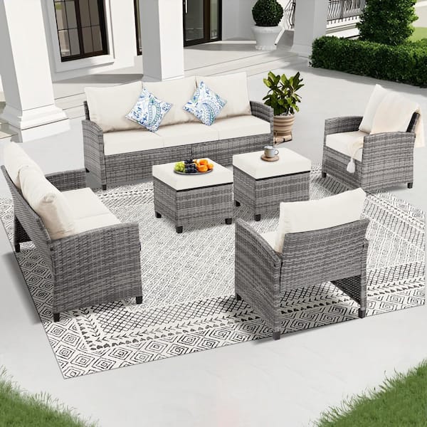 Zeus & Ruta 6-Piece Gray Wicker Outdoor Conversation Set with Beige Cushions for Garden Backyard