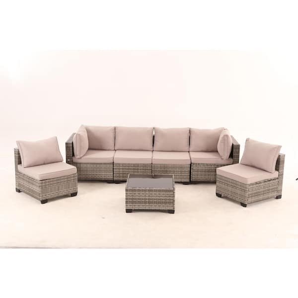 Unbranded Gray 7-Piece Wicker Outdoor Sectional Set Sofa with Coffee Table and Gray Cushions Set for Patio, Yard