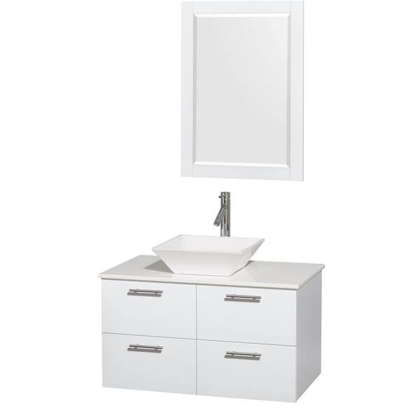 Wyndham Collection Amare 36 in. Vanity in Glossy White with Solid-Surface Vanity Top in White, Porcelain Sink and 24 in. Mirror