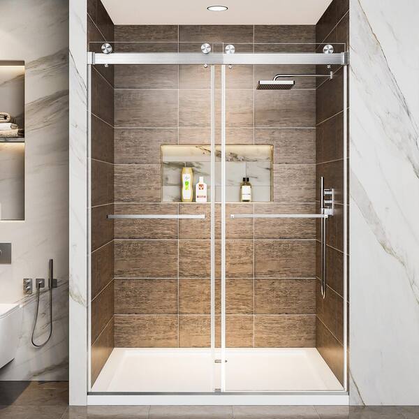 Vitrina 60 in. W x 78 in. H Double Sliding Frameless Shower Door in Brushed Nickel Shower Screen with Clear Glass