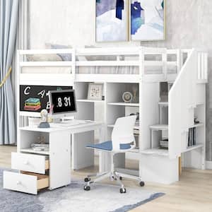 White Twin Size Loft Bed with Blackboard, Pullable Desk, Storage Shelves and Staircase