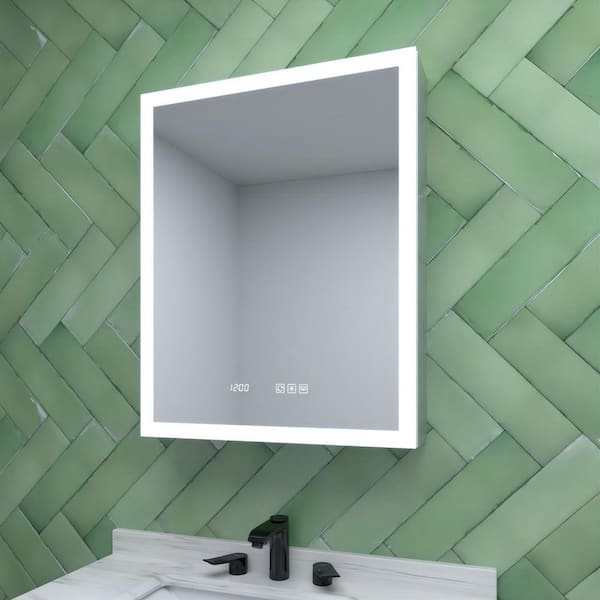 24 in. W x 30 in. H Rectangular Silver Aluminum Recessed/Surface Mount Right Medicine Cabinet with Mirror, LED and Clock