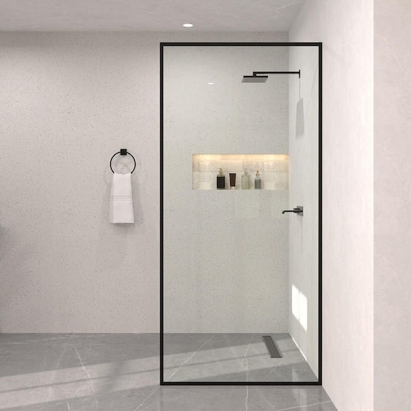 Hermitage Bath Monture 34 in. W x 72 in. H Fixed Framed Shower Screen Door in Matte Black with Clear Glass